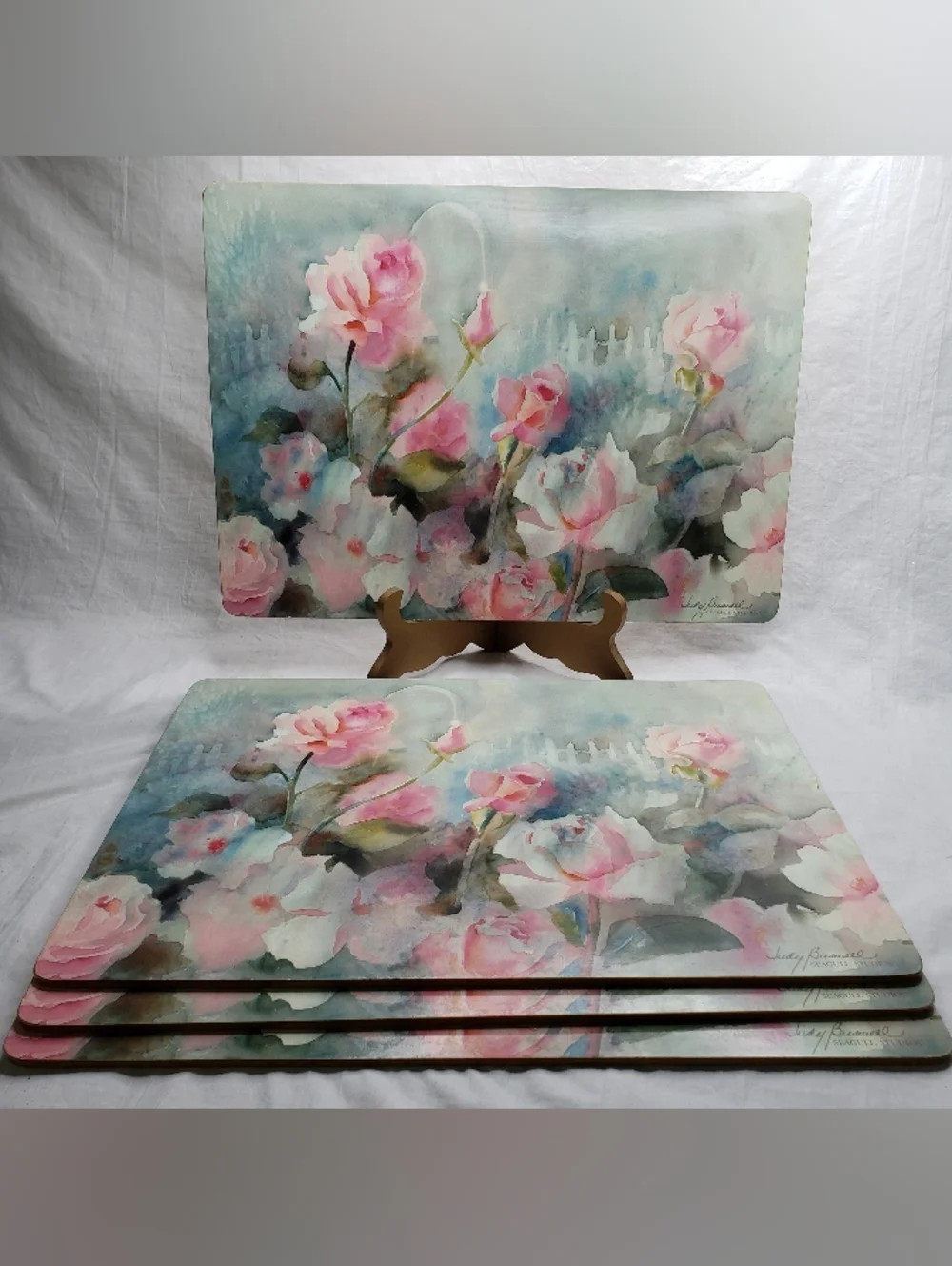 Four Vintage Judy Buswell Placemats Watercolor Roses Cork Bottom 1990s
